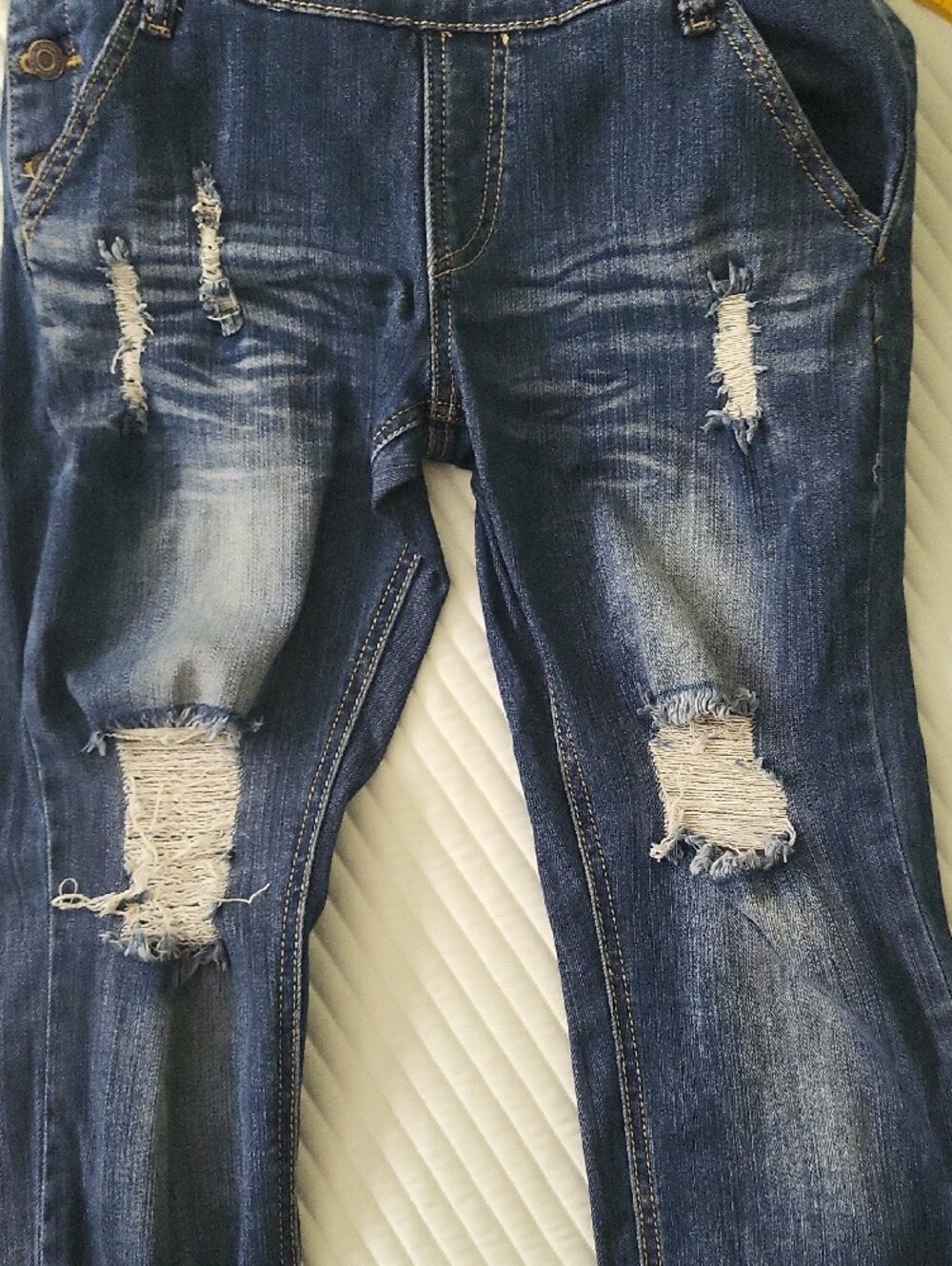 Machine Distressed Denim Overalls - Blue - Picture 5 of 5
